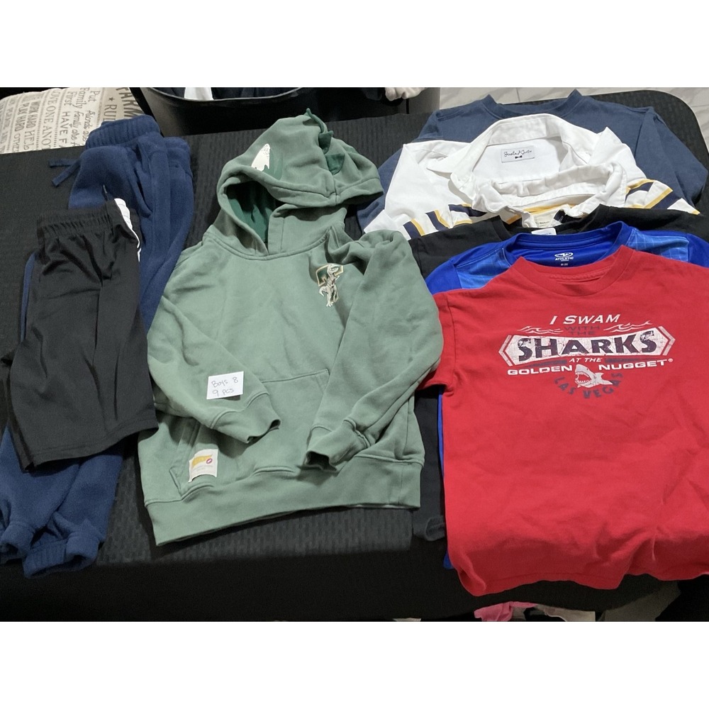 Mixed Brands Outfit Lot Boys Size 8 Dino Hoodie Sharks Tees Pants Shorts 9pc